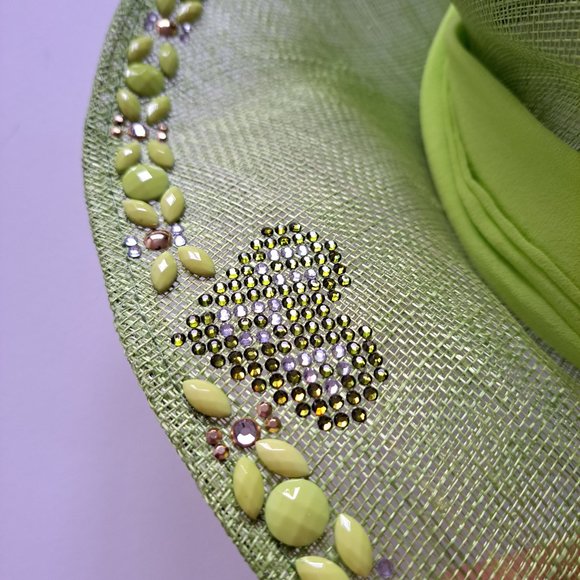 VDP Women's Italian Straw Silk Summer Beach Green Hat - Picture 12 of 15